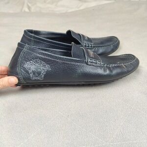 Versace Loafers Mens 43 10 Leather Medusa Logo Slip On Dress Shoes Navy Blue